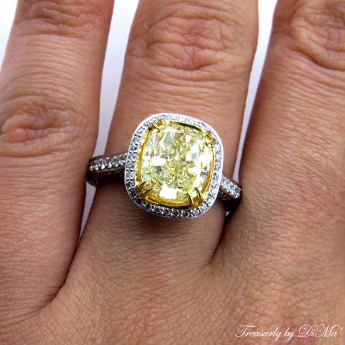 GIA 4.32CT ESTATE VINTAGE FANCY YELLOW CUSHION DIAMOND ENGAGEMENT WEDDING RING | Treasurly by Dima - Exquisite Diamonds and Fine Quality Antique, Vintage, and Estate Jewelry