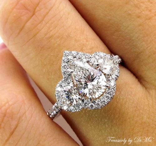 PEAR SHAPED DIAMOND THREE STONE WITH HALO ENGAGEMENT WEDDING RING | Treasurly by Dima - Exquisite Diamonds and Fine Quality Antique, Vintage, and Estate Jewelry