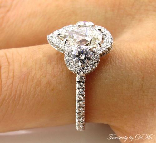 PEAR SHAPED DIAMOND THREE STONE WITH HALO ENGAGEMENT WEDDING RING | Treasurly by Dima - Exquisite Diamonds and Fine Quality Antique, Vintage, and Estate Jewelry