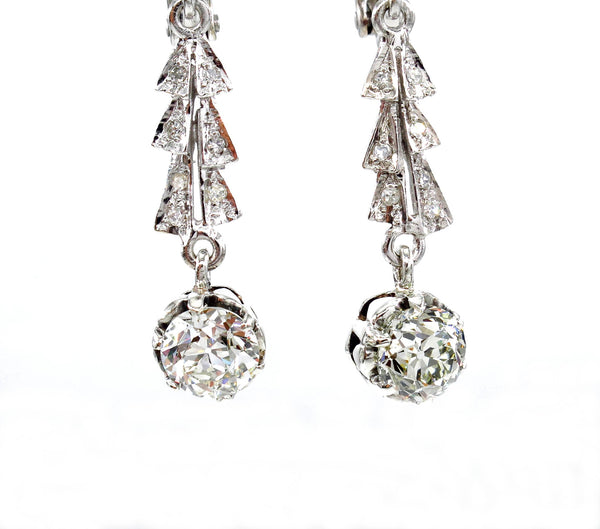 Art Deco GIA 3.25ct OLD European cut Diamond Drop Dangling EARRINGS | Treasurly by Dima - Exquisite Diamonds and Fine Quality Antique, Vintage, and Estate Jewelry