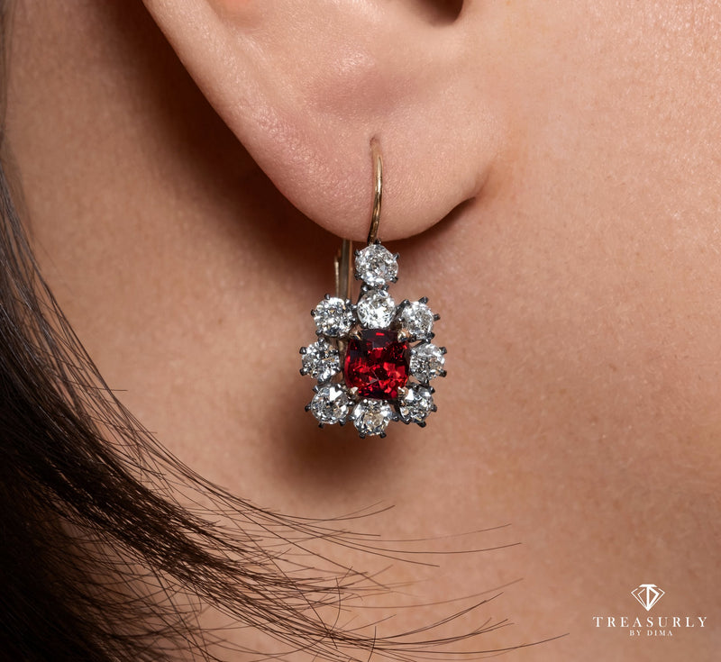 Edwardian 4.12ct Vivid Red Burma Spinel Diamond Cluster Hanging Drop Earrings | Treasurly by Dima - Exquisite Diamonds and Fine Quality Antique, Vintage, and Estate Jewelry