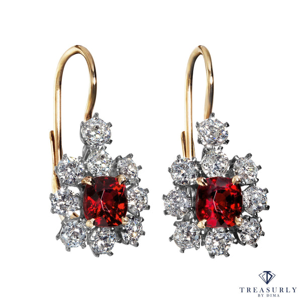 Edwardian 4.12ct Vivid Red Burma Spinel Diamond Cluster Hanging Drop Earrings | Treasurly by Dima - Exquisite Diamonds and Fine Quality Antique, Vintage, and Estate Jewelry