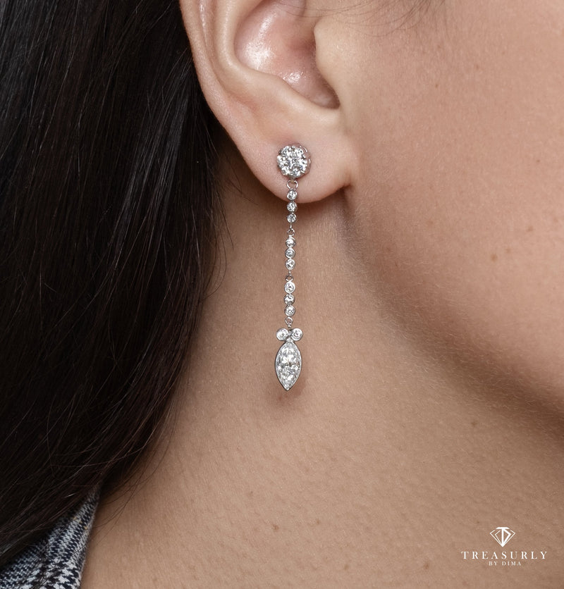 GIA 2.84ct Marquise and Round Diamond Drop Dangling 14k White Gold Earrings | Treasurly by Dima - Exquisite Diamonds and Fine Quality Antique, Vintage, and Estate Jewelry