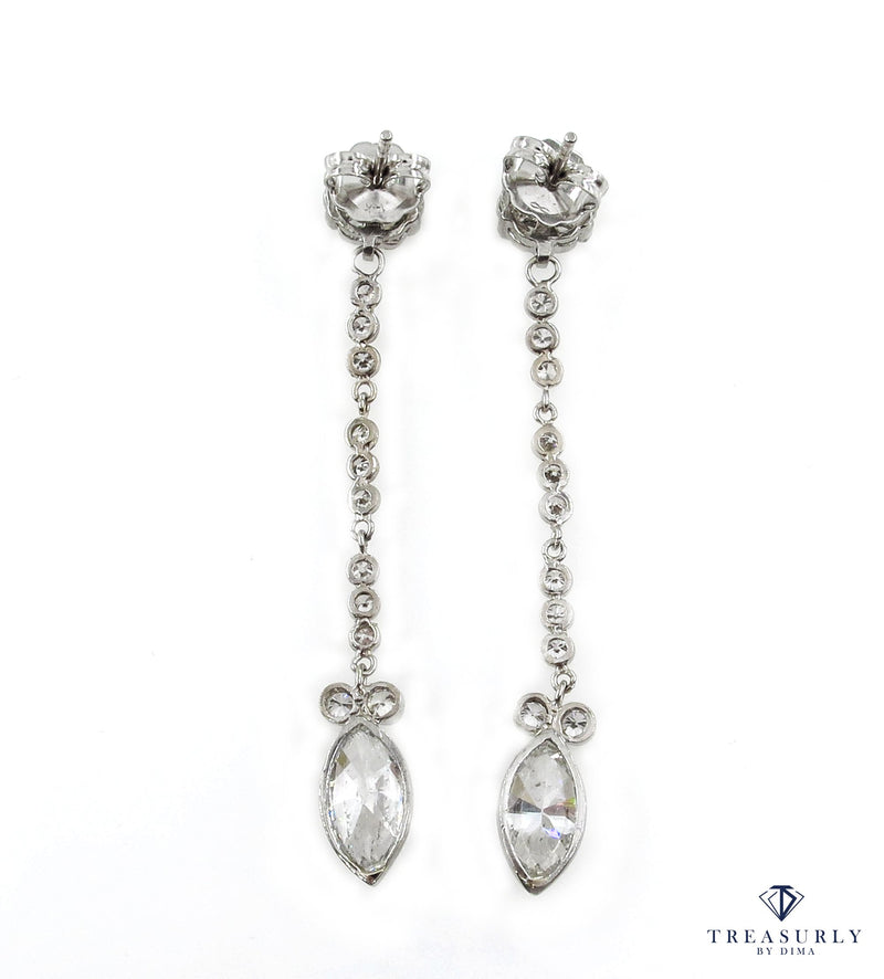 GIA 2.84ct Marquise and Round Diamond Drop Dangling 14k White Gold Earrings | Treasurly by Dima - Exquisite Diamonds and Fine Quality Antique, Vintage, and Estate Jewelry