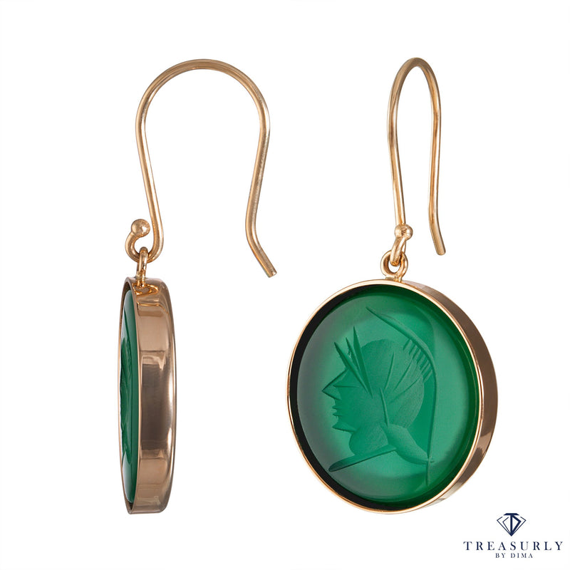 Green Onyx Round Intaglio Hanging Dangling 14k Yellow Estate Vintage Earrings | Treasurly by Dima - Exquisite Diamonds and Fine Quality Antique, Vintage, and Estate Jewelry