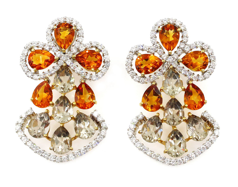 Spectacular 13.60ct DIAMOND Yellow CITRINE Smoky TOPAZ Earrings Chandelier Clip Post 18k White Gold | Treasurly by Dima - Exquisite Diamonds and Fine Quality Antique, Vintage, and Estate Jewelry