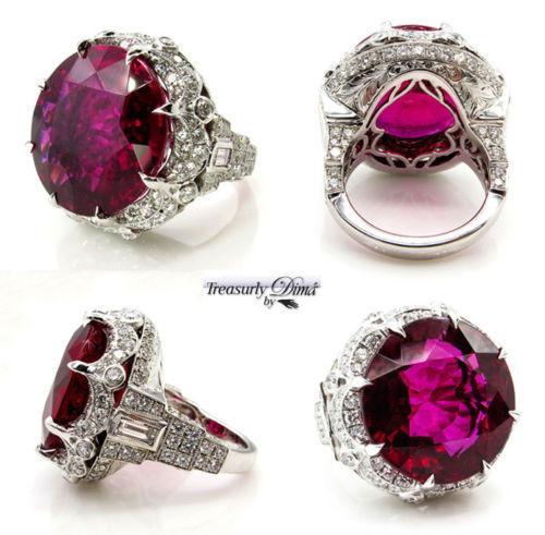 GIA 31.27CT ESTATE VINTAGE RED RUBELLITE TOURMALINE DIAMOND CLUSTER RING PLAT | Treasurly by Dima - Exquisite Diamonds and Fine Quality Antique, Vintage, and Estate Jewelry