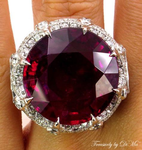 GIA 31.27CT ESTATE VINTAGE RED RUBELLITE TOURMALINE DIAMOND CLUSTER RING PLAT | Treasurly by Dima - Exquisite Diamonds and Fine Quality Antique, Vintage, and Estate Jewelry