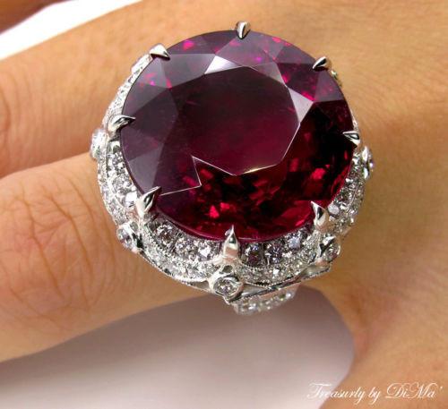 GIA 31.27CT ESTATE VINTAGE RED RUBELLITE TOURMALINE DIAMOND CLUSTER RING PLAT | Treasurly by Dima - Exquisite Diamonds and Fine Quality Antique, Vintage, and Estate Jewelry