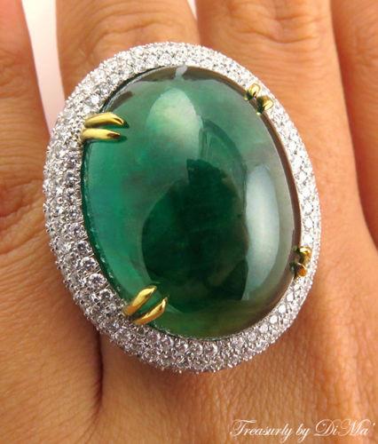 GIA 55.40CT ESTATE VINTAGE CABOCHON DEEP GREEN EMERALD DIAMOND RING 18K W GOLD | Treasurly by Dima - Exquisite Diamonds and Fine Quality Antique, Vintage, and Estate Jewelry