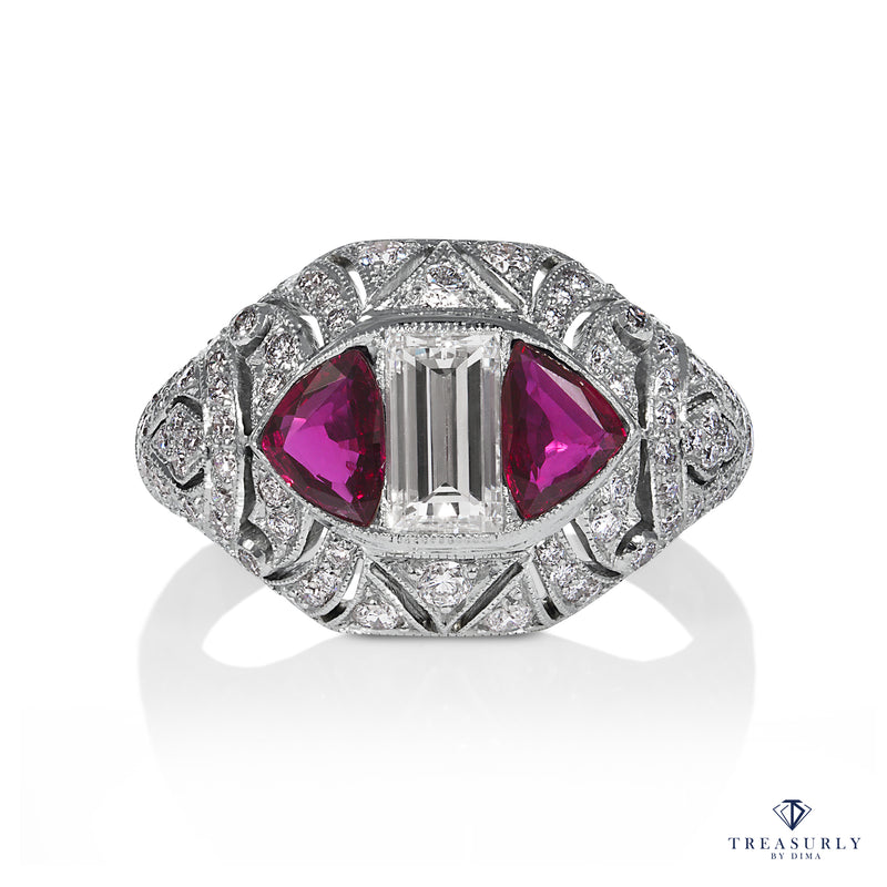 Art Deco ctw GIA I-VS1 Carre Emerald Cut Diamond and Ruby Platinum Ring