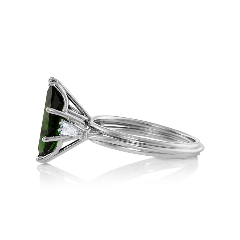1930..Vintage 3.68ct Green Tourmaline Marquise Diamond Three Stone Platinum Ring