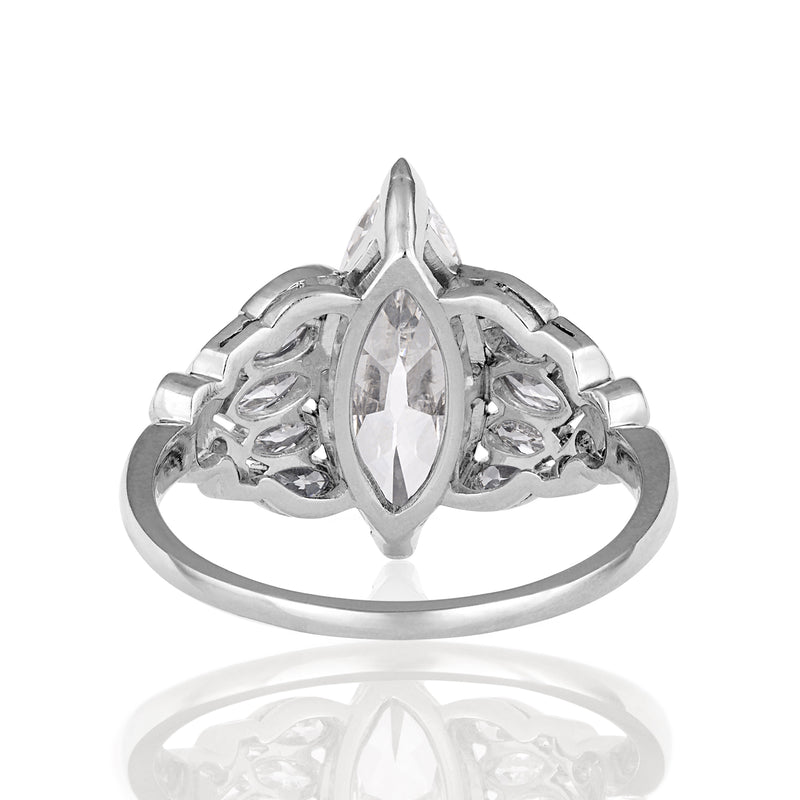Art Deco Colorless GIA 3.09ct Old European Marquise Cut Diamond Platinum Ring