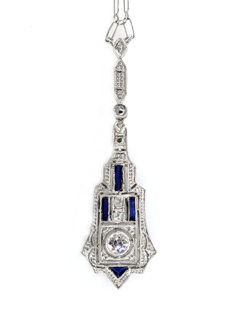 French Art Deco LAVALIERE DIAMOND SAPPHIRE Drop Pendant Necklace | Treasurly by Dima - Exquisite Diamonds and Fine Quality Antique, Vintage, and Estate Jewelry