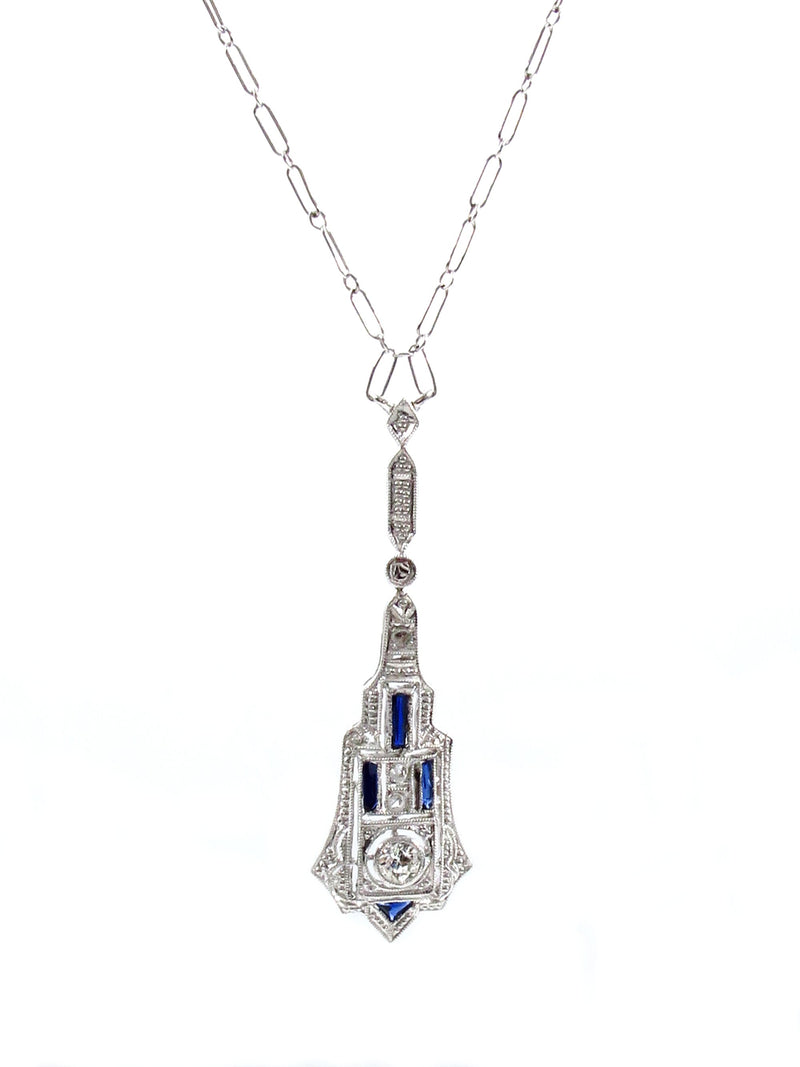 French Art Deco LAVALIERE DIAMOND SAPPHIRE Drop Pendant Necklace | Treasurly by Dima - Exquisite Diamonds and Fine Quality Antique, Vintage, and Estate Jewelry