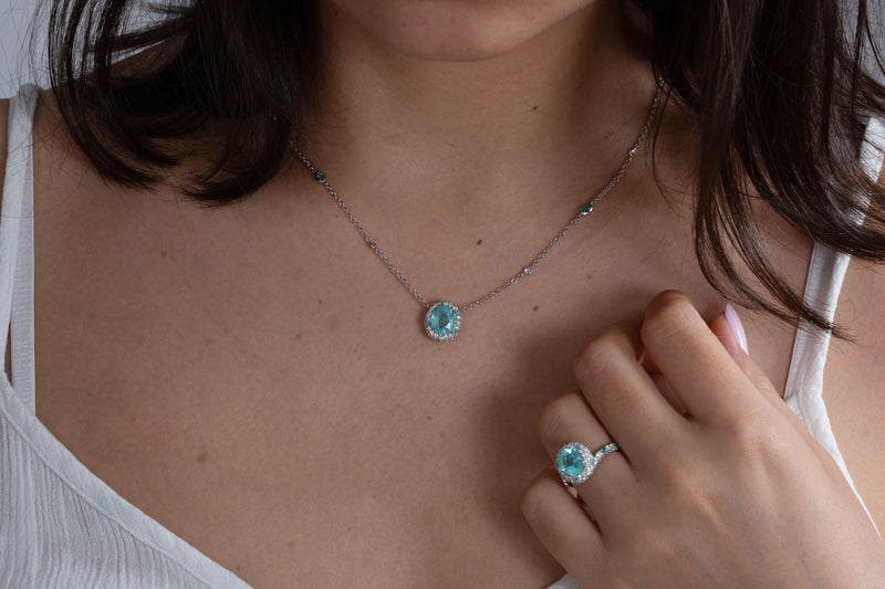 GIA 3.61ctw Natural Neon Blue PARAIBA Tourmaline & Diamond Platinum Necklace | Treasurly by Dima - Exquisite Diamonds and Fine Quality Antique, Vintage, and Estate Jewelry