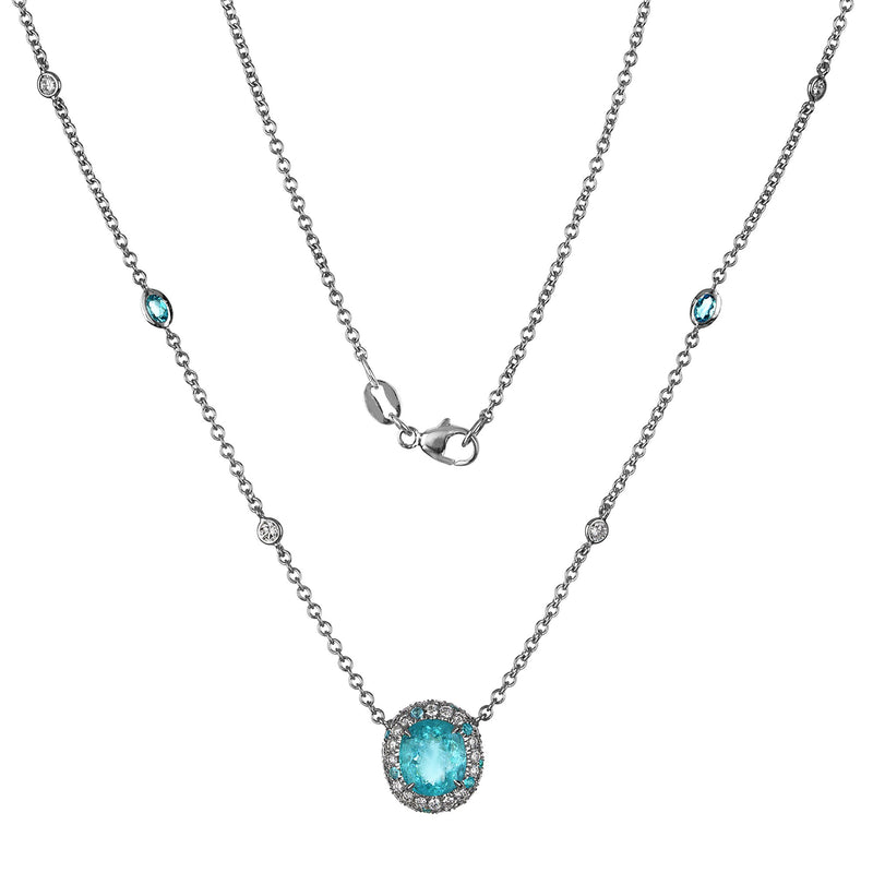GIA 3.61ctw Natural Neon Blue PARAIBA Tourmaline & Diamond Platinum Necklace | Treasurly by Dima - Exquisite Diamonds and Fine Quality Antique, Vintage, and Estate Jewelry