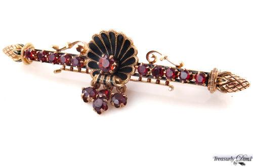 VINTAGE 2.00CT RED GARNET ENAMEL 14K YELLOW GOLD PIN BAR BROOCH | Treasurly by Dima - Exquisite Diamonds and Fine Quality Antique, Vintage, and Estate Jewelry
