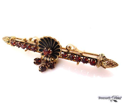 VINTAGE 2.00CT RED GARNET ENAMEL 14K YELLOW GOLD PIN BAR BROOCH | Treasurly by Dima - Exquisite Diamonds and Fine Quality Antique, Vintage, and Estate Jewelry