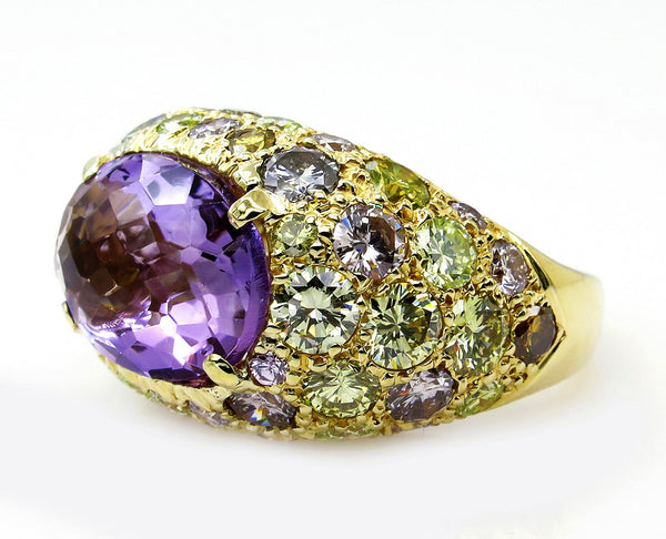 10.68ct Natural Fancy MULTICOLORED DIAMONDS & Amethyst Dome 18K Yellow Vintage RING | Treasurly by Dima - Exquisite Diamonds and Fine Quality Antique, Vintage, and Estate Jewelry