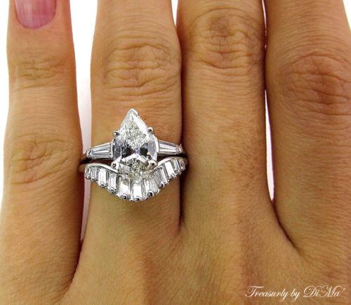 2.44CT ESTATE VINTAGE PEAR SHAPED DIAMOND ENGAGEMENT WEDDING RING SET | Treasurly by Dima - Exquisite Diamonds and Fine Quality Antique, Vintage, and Estate Jewelry