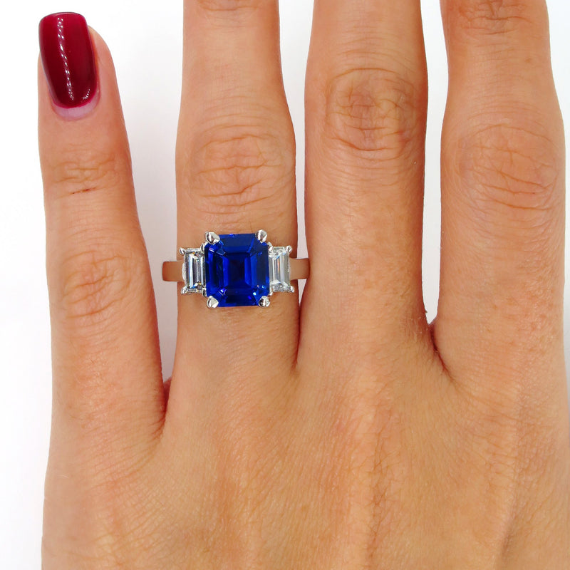 4.19ctw Ceylon GIA Natural Royal Blue Sapphire and Diamond Platinum 3 Stone Ring | Treasurly by Dima - Exquisite Diamonds and Fine Quality Antique, Vintage, and Estate Jewelry