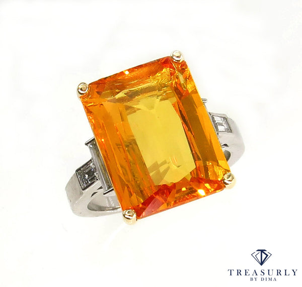 9.66ct GIA Natural Yellow-Orange Sapphire and Diamond Platinum Ring | Treasurly by Dima - Exquisite Diamonds and Fine Quality Antique, Vintage, and Estate Jewelry