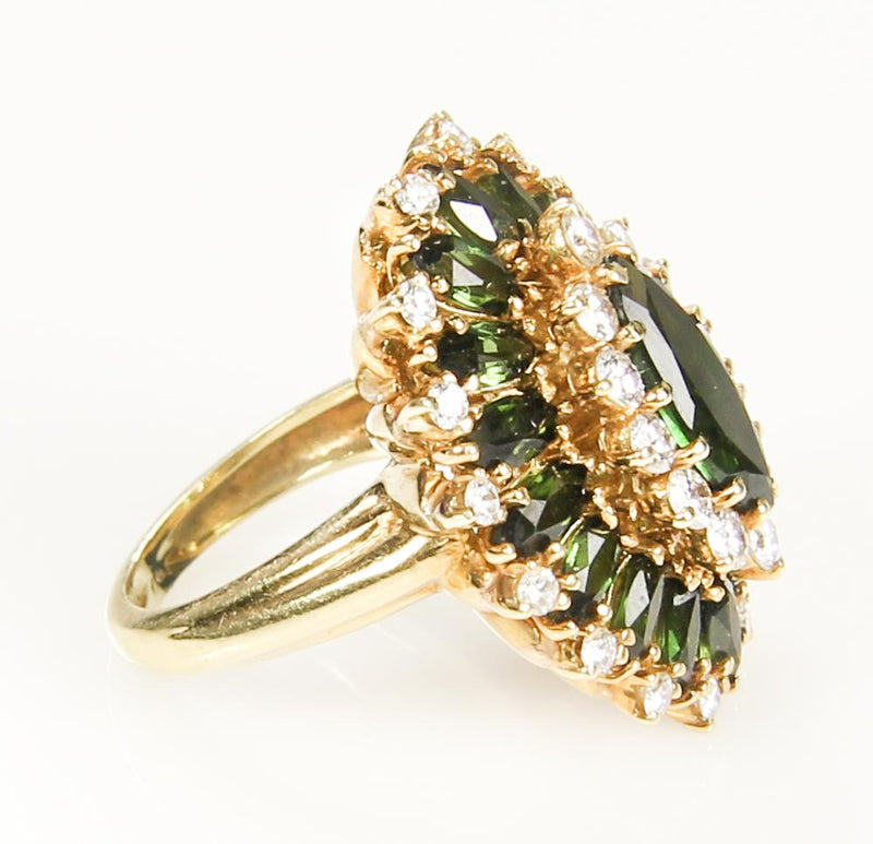 9.73CT HUGE VINTAGE ESTATE RETRO GREEN TOURMALINE DIAMOND CLUSTER BALLERINA RING | Treasurly by Dima - Exquisite Diamonds and Fine Quality Antique, Vintage, and Estate Jewelry
