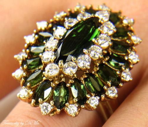 9.73CT HUGE VINTAGE ESTATE RETRO GREEN TOURMALINE DIAMOND CLUSTER BALLERINA RING | Treasurly by Dima - Exquisite Diamonds and Fine Quality Antique, Vintage, and Estate Jewelry