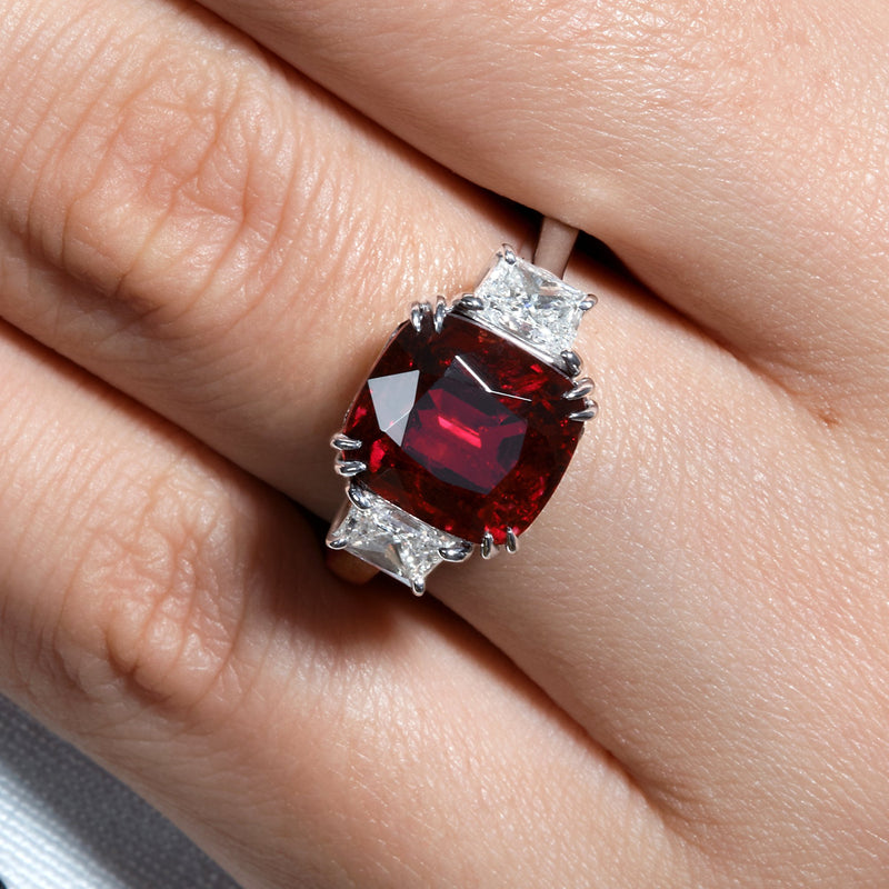 AGL 5.50ct Natural BURMA No-Heat Vivid Red SPINEL & Diamond 3 Stone Vintage Ring | Treasurly by Dima - Exquisite Diamonds and Fine Quality Antique, Vintage, and Estate Jewelry