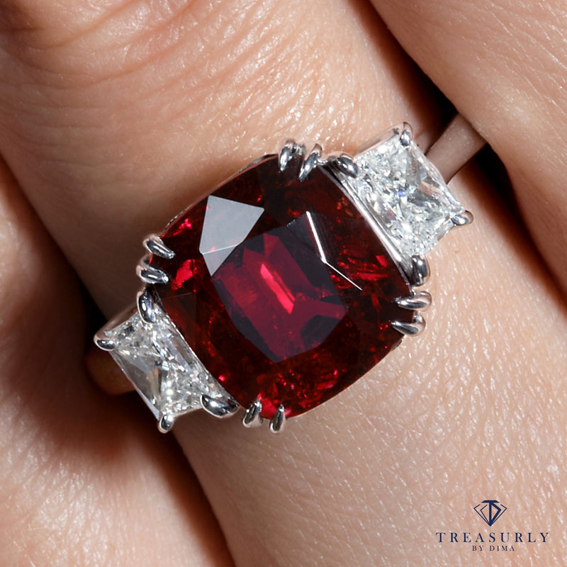 AGL 5.50ct Natural BURMA No-Heat Vivid Red SPINEL & Diamond 3 Stone Vintage Ring | Treasurly by Dima - Exquisite Diamonds and Fine Quality Antique, Vintage, and Estate Jewelry