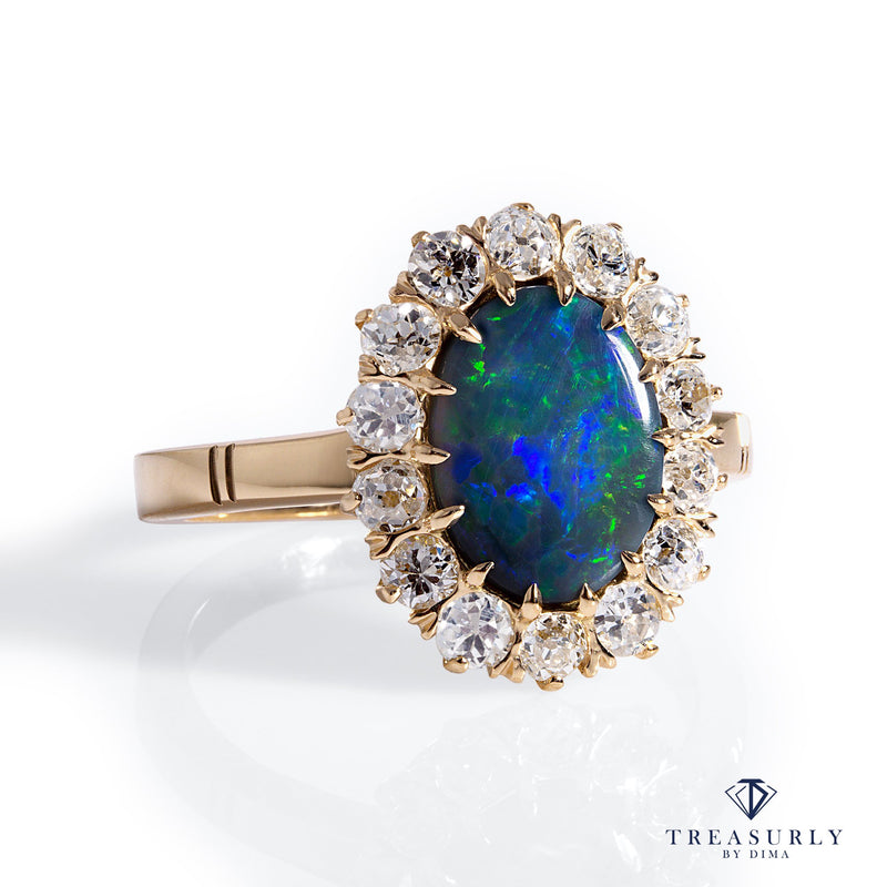 An exquisite Antique Victorian Lightning Ridge Black Opal Diamond Cluster Cocktail Ring | Treasurly by Dima - Exquisite Diamonds and Fine Quality Antique, Vintage, and Estate Jewelry