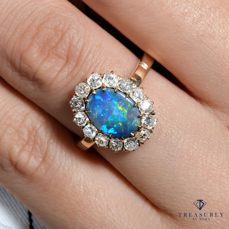An exquisite Antique Victorian Lightning Ridge Black Opal Diamond Cluster Cocktail Ring | Treasurly by Dima - Exquisite Diamonds and Fine Quality Antique, Vintage, and Estate Jewelry