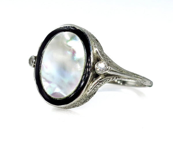 Antique Vintage Art Deco Mother of Pearl & Diamond Platinum Ring | Treasurly by Dima - Exquisite Diamonds and Fine Quality Antique, Vintage, and Estate Jewelry