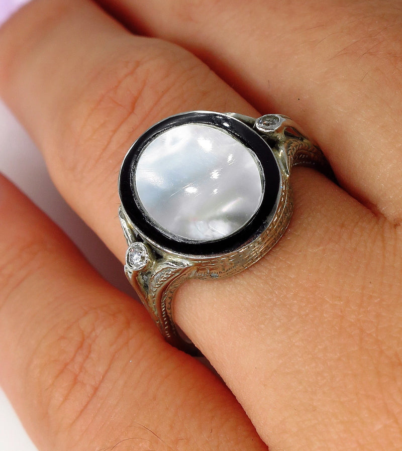 Antique Vintage Art Deco Mother of Pearl & Diamond Platinum Ring | Treasurly by Dima - Exquisite Diamonds and Fine Quality Antique, Vintage, and Estate Jewelry