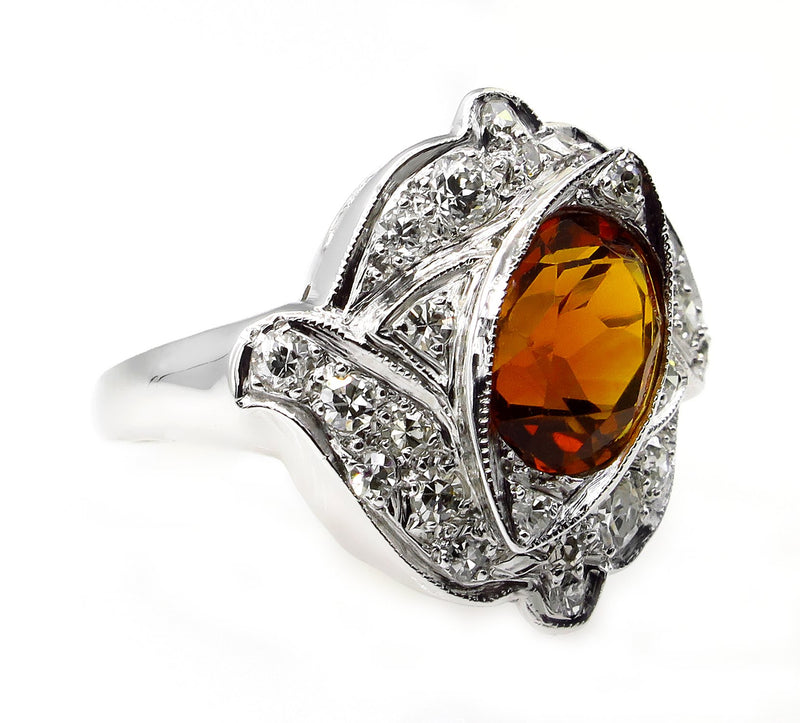 Art Deco 2.43ct Old European Antique Vintage Citrine and Diamond Platinum Ring | Treasurly by Dima - Exquisite Diamonds and Fine Quality Antique, Vintage, and Estate Jewelry