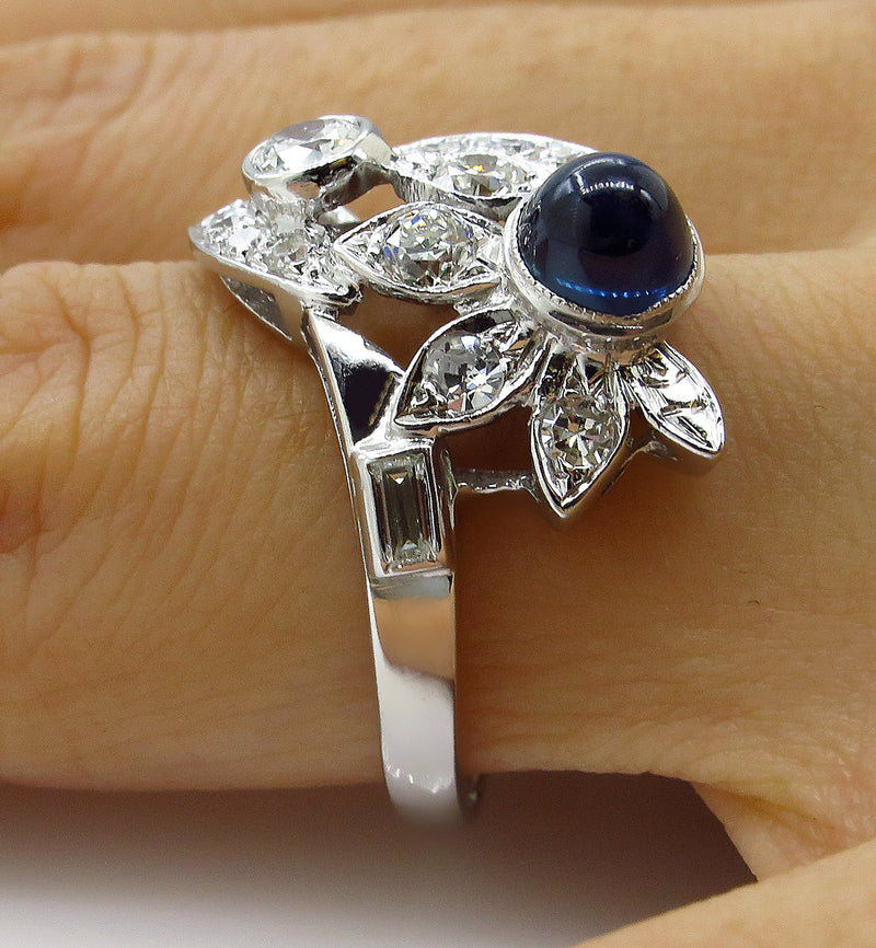 Art Deco 2.50ct OLD European Diamond & Sugarloaf Sapphire 14k White Gold Ring | Treasurly by Dima - Exquisite Diamonds and Fine Quality Antique, Vintage, and Estate Jewelry