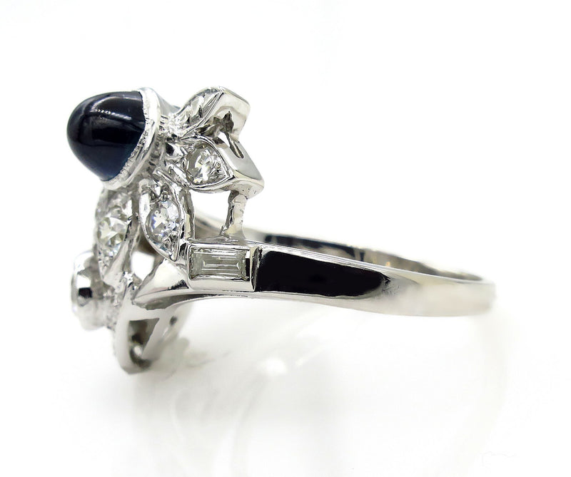 Art Deco 2.50ct OLD European Diamond & Sugarloaf Sapphire 14k White Gold Ring | Treasurly by Dima - Exquisite Diamonds and Fine Quality Antique, Vintage, and Estate Jewelry