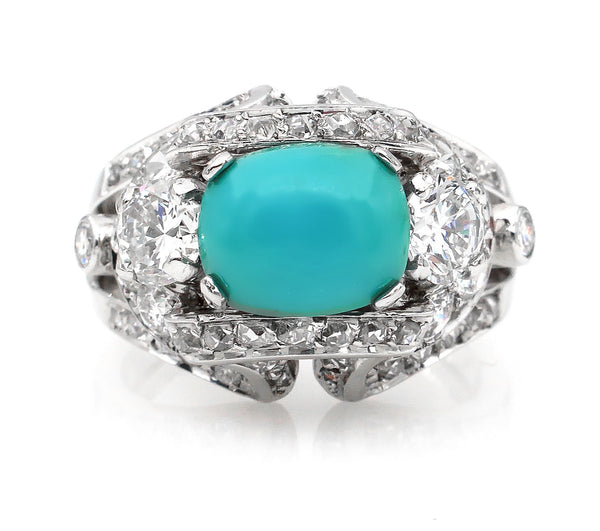 Art Deco 4.03ct Old European Diamond Turquoise Antique Vintage Platinum Ring | Treasurly by Dima - Exquisite Diamonds and Fine Quality Antique, Vintage, and Estate Jewelry