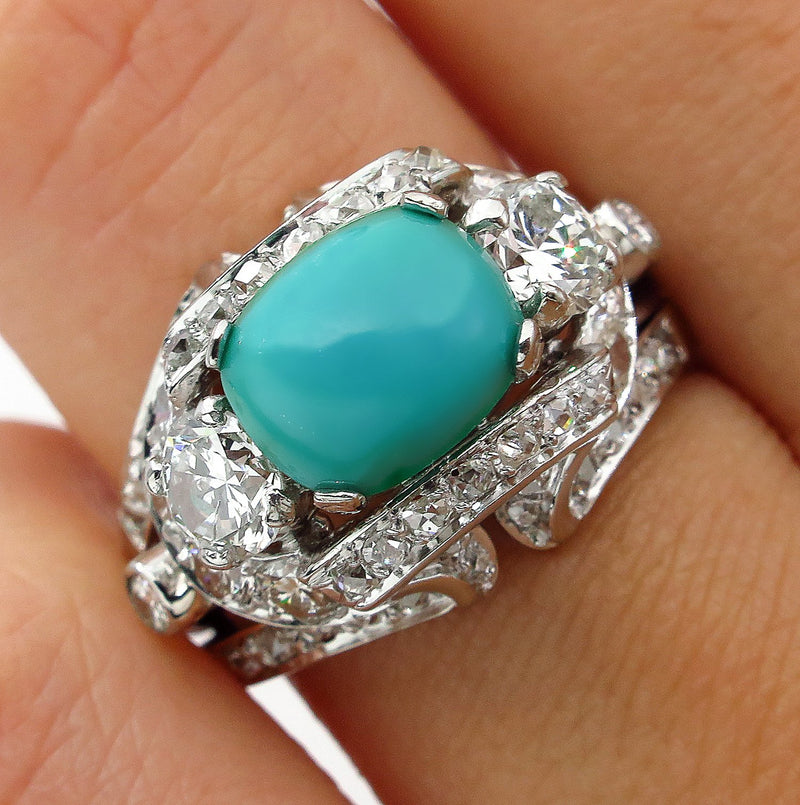 Art Deco 4.03ct Old European Diamond Turquoise Antique Vintage Platinum Ring | Treasurly by Dima - Exquisite Diamonds and Fine Quality Antique, Vintage, and Estate Jewelry