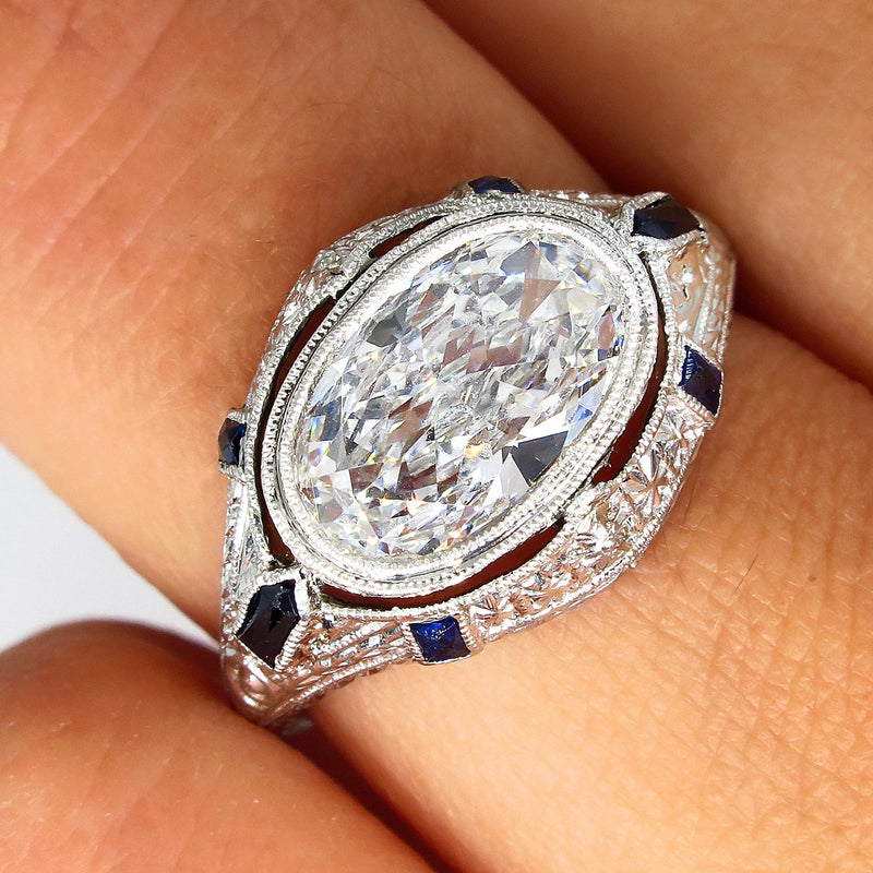 Art Deco GIA 1.60ct E-SI1 Old Oval Diamond French Calibre Sapphire Engagement Ring | Treasurly by Dima - Exquisite Diamonds and Fine Quality Antique, Vintage, and Estate Jewelry
