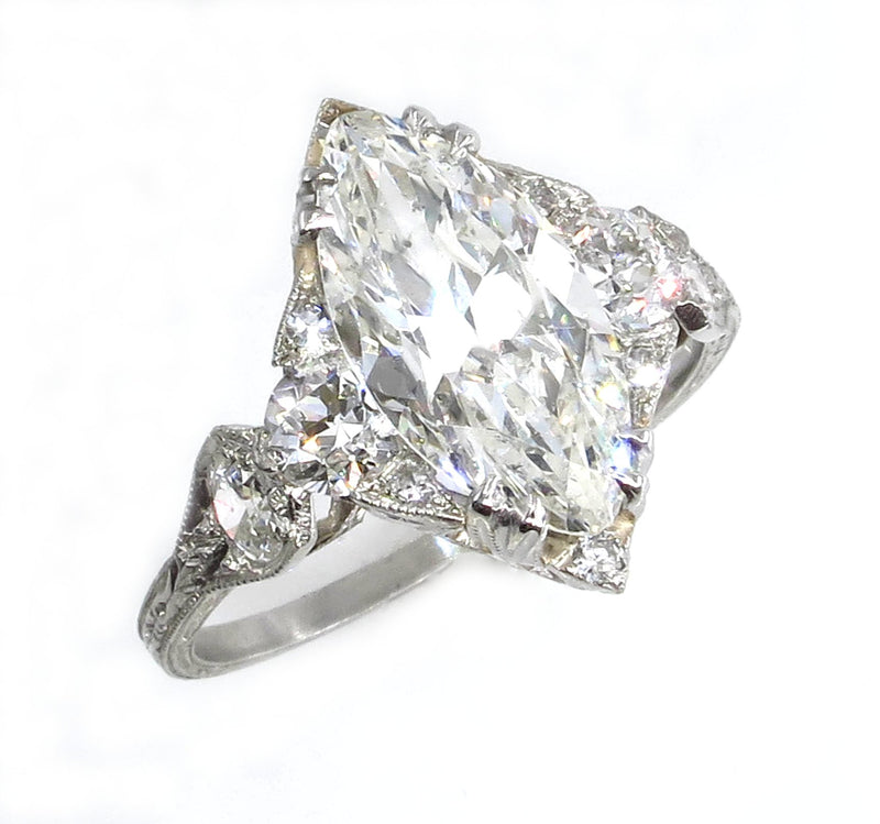 Art Deco GIA 3.78ct Old Marquise Cut Diamond Engagement Platinum Ring | Treasurly by Dima - Exquisite Diamonds and Fine Quality Antique, Vintage, and Estate Jewelry
