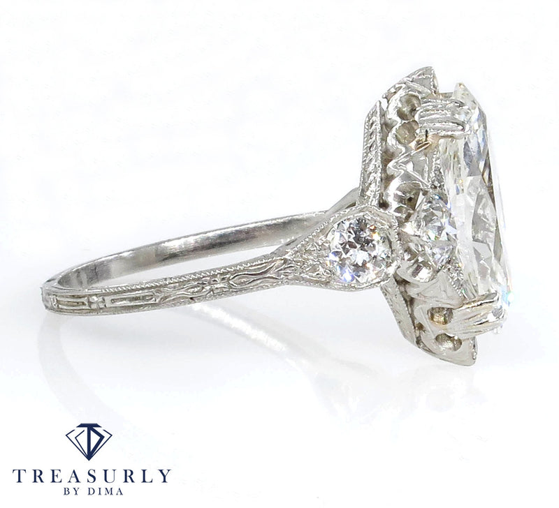 Art Deco GIA 3.78ct Old Marquise Cut Diamond Engagement Platinum Ring | Treasurly by Dima - Exquisite Diamonds and Fine Quality Antique, Vintage, and Estate Jewelry