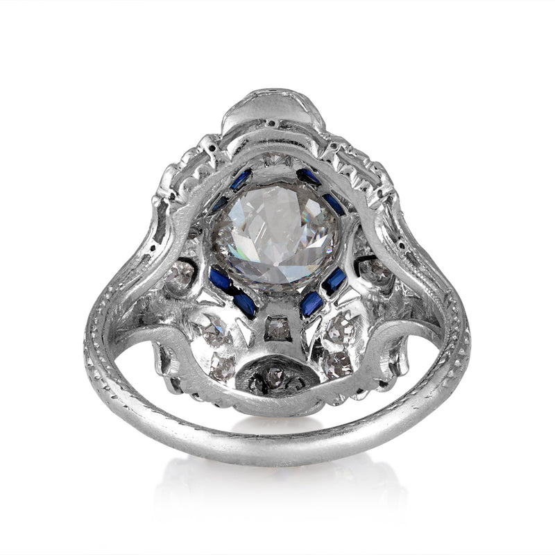 Art Nouveau 2.50ctw GIA Old European Cut Diamond and Blue Sapphire Platinum Ring | Treasurly by Dima - Exquisite Diamonds and Fine Quality Antique, Vintage, and Estate Jewelry
