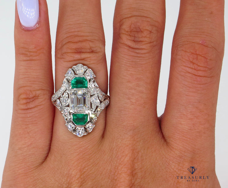 Art Nouveau 4.00ctw GIA H-VS2 Emerald Cut Diamond Platinum Ring | Treasurly by Dima - Exquisite Diamonds and Fine Quality Antique, Vintage, and Estate Jewelry