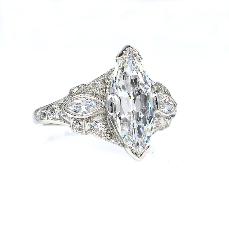 D-VS2 Art Deco Vintage GIA 2.45ct Old Marquise Cut Diamond Engagement PLATINUM Ring | Treasurly by Dima - Exquisite Diamonds and Fine Quality Antique, Vintage, and Estate Jewelry