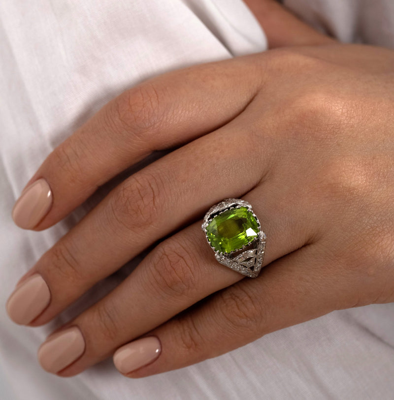 Edwardian GIA 7.87ct PERIDOT & DIAMOND Platinum Antique Vintage Ring | Treasurly by Dima - Exquisite Diamonds and Fine Quality Antique, Vintage, and Estate Jewelry