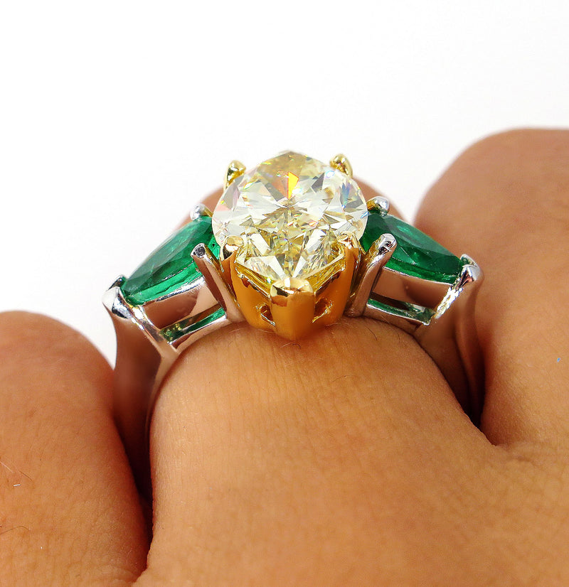 Estate “Canary” 4.86ctw Natural Fancy YELLOW Marquise Diamond & Green Emerald Ring | Treasurly by Dima - Exquisite Diamonds and Fine Quality Antique, Vintage, and Estate Jewelry