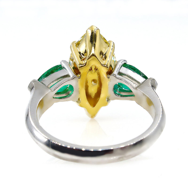 Estate “Canary” 4.86ctw Natural Fancy YELLOW Marquise Diamond & Green Emerald Ring | Treasurly by Dima - Exquisite Diamonds and Fine Quality Antique, Vintage, and Estate Jewelry