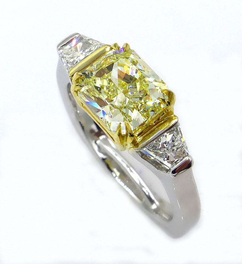 Estate "Canary" GIA 2.83ct Natural Fancy Yellow RADIANT 3 Stone Diamond Engagement Platinum Ring | Treasurly by Dima - Exquisite Diamonds and Fine Quality Antique, Vintage, and Estate Jewelry